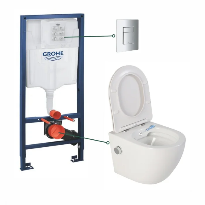 Set vas wc suspendat cu functie bideu alb si baterie inclusa crom Foglia Oslo, rezervor wc incastrat si clapeta crom, Grohe