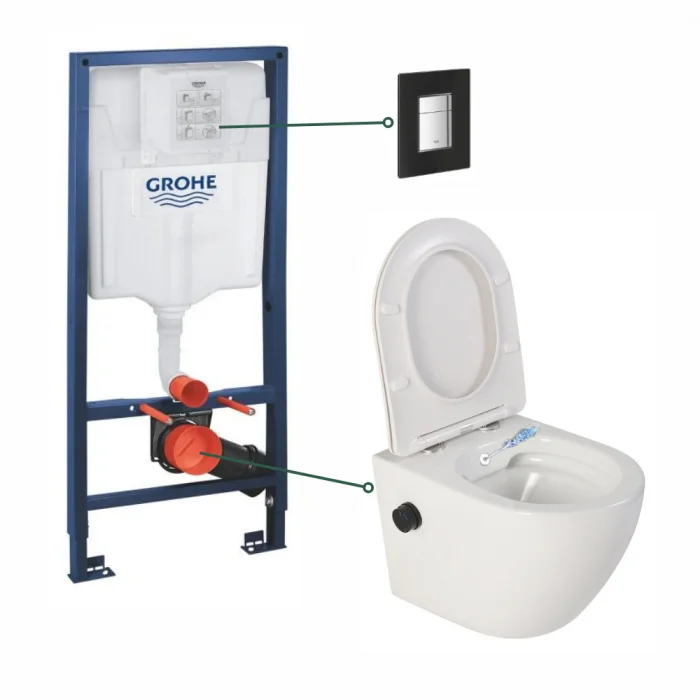 Set vas wc suspendat cu functie bideu alb si baterie inclusa negru mat Foglia Oslo, rezervor wc si clapeta neagra din sticla, Grohe