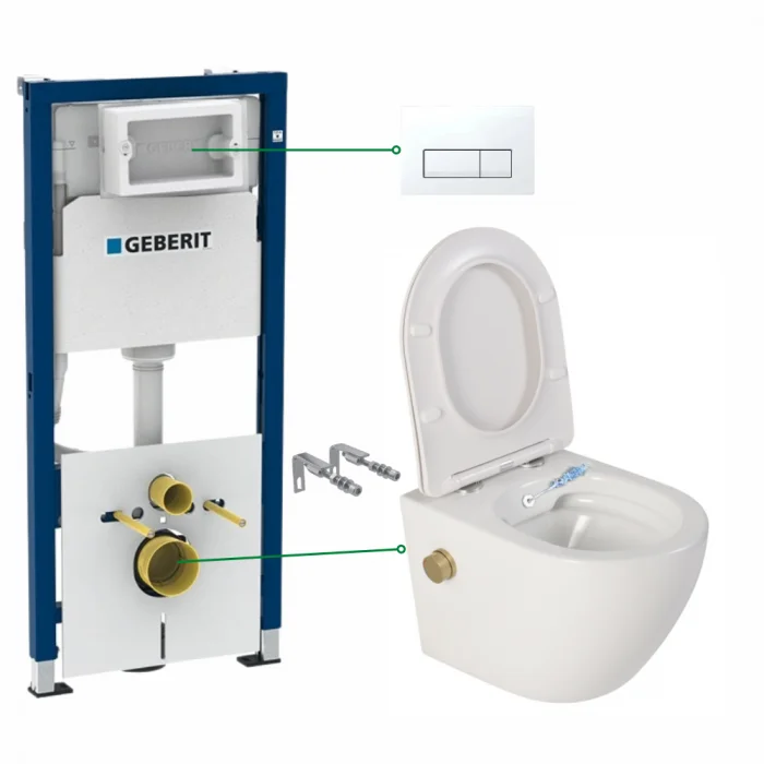 Set vas wc suspendat cu functie bideu si baterie auriu mat Foglia Oslo, rezervor wc incastrat si clapeta alb alpin, Geberit Delta 51