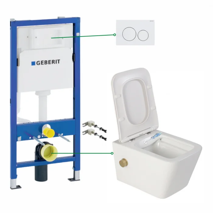 Set vas wc suspendat cu functie bideu si baterie auriu mat Foglia Safari, rezervor incastrat si clapeta alb lucios, Geberit Delta