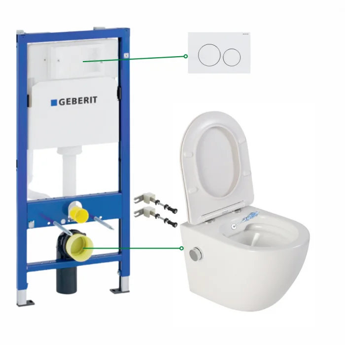 Set vas wc suspendat cu functie bideu si baterie crom Foglia Oslo, rezervor incastrat si clapeta alb lucios, Geberit Delta