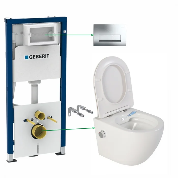 Set vas wc suspendat cu functie bideu si baterie crom Foglia Oslo, rezervor wc incastrat si clapeta crom lucios, Geberit Delta 51