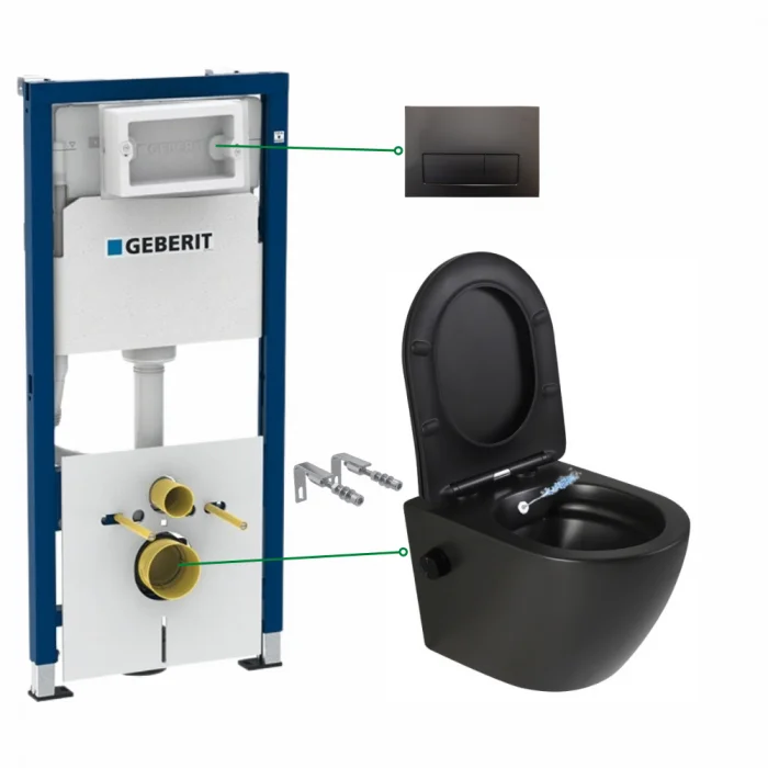 Set vas wc suspendat cu functie bideu si baterie inclusa Foglia Oslo, rezervor wc incastrat si clapeta negru lucios Geberit Duofix