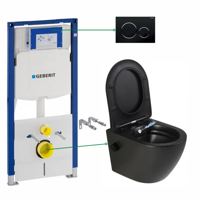 Set vas wc suspendat cu functie bideu si baterie inclusa Foglia Oslo, rezervor wc incastrat si clapeta negru lucios, Geberit Sigma