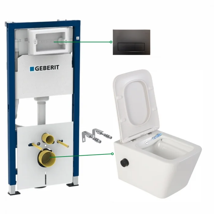 Set vas wc suspendat cu functie bideu si baterie negru mat Foglia Safari, rezervor wc incastrat si clapeta negru lucios Geberit Duofix