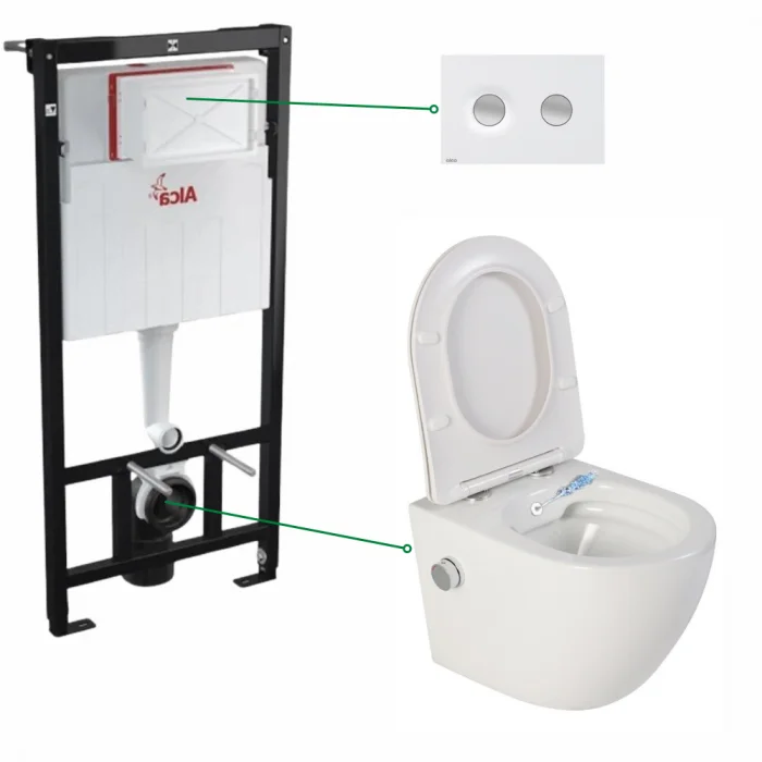 Set vas wc suspendat cu functie de bideu Foglia Oslo si rezervor wc incastrat cu clapeta alb mat si butoane de actionare crom mat, Alcadrain