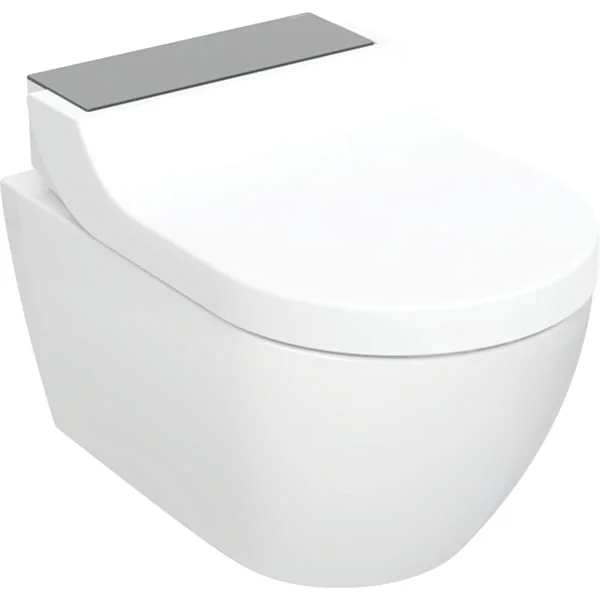 Set vas WC suspendat cu functie de bideu si capac soft close, ornament din sticla neagra, Geberit AquaClean Tuma Comfort