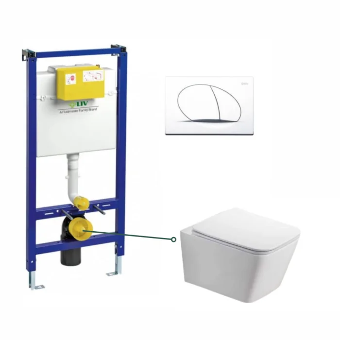 Set vas wc suspendat, dreptunghiular, capac softclose, alb lucios, Foglia Safari, rezervor incastrat Liv Jog si clapeta alb mat Selenite Duo