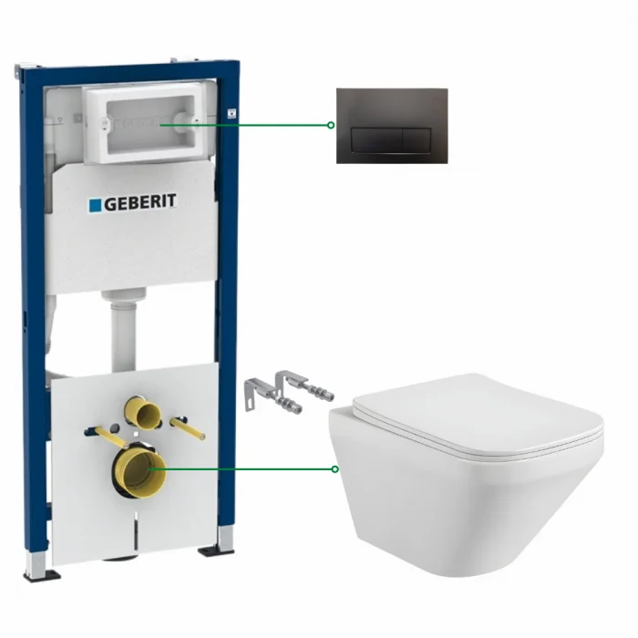 Set vas wc suspendat Foglia Bristol, clapeta negru lucios si rezervor wc incastrat Geberit Duofix Delta 50