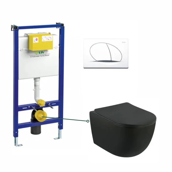 Set vas wc suspendat, negru mat rotund, capac soft close Foglia Oslo, rezervor incastrat Liv Jog si clapeta alb mat Selenite Duo