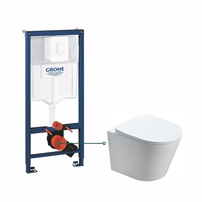 Set vas wc suspendat rimless cu capac quick release si soft close, alb, Fluminia Clementina si rezervor incastrat cu clapeta alba, Rapid SL,set fixare si actionare pneumatica Skate Air Grohe