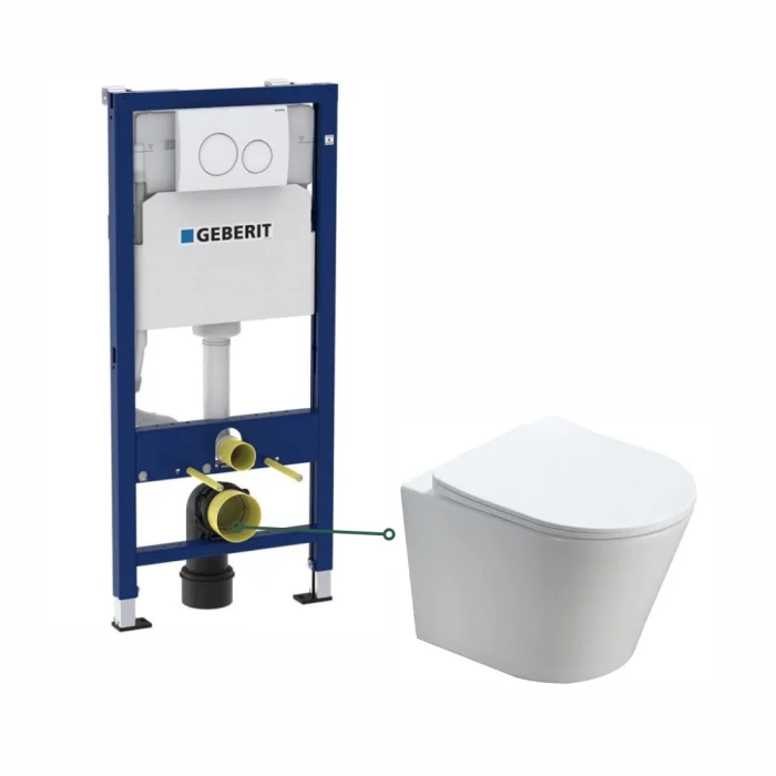 Set vas wc suspendat rimless cu capac quick release si soft close, alb, Fluminia Clementina si rezervor incastrat Geberit cu set fixare si clapeta alba Duofix Delta