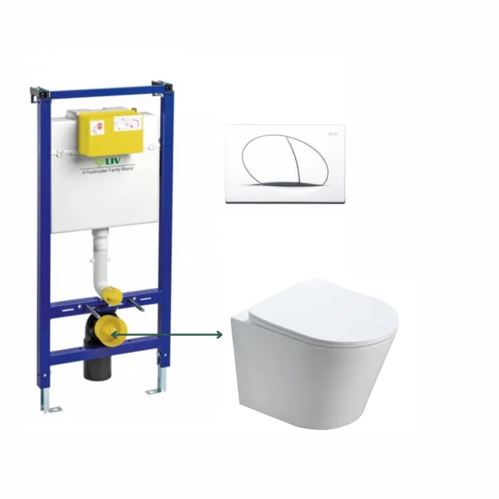 Set vas wc suspendat rimless cu capac quick release si soft close, alb, Fluminia Clementina si rezervor incastrat Liv Jog cu clapeta alba mata Selenite Duo