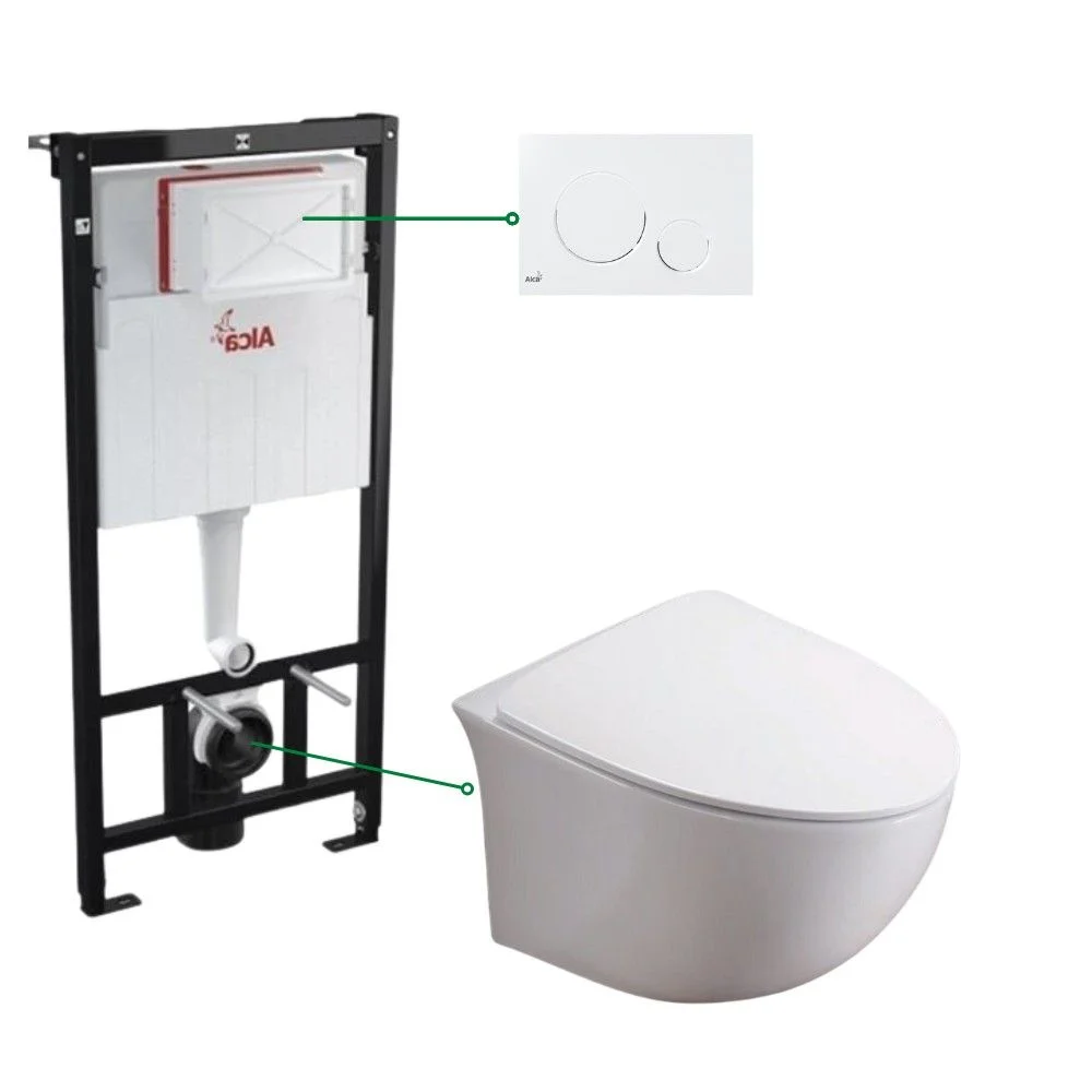 Set vas wc suspendat rimless cu capac soft close Foglia Alice, rezervor incastrat si clapeta alb lucios, Alcaplast