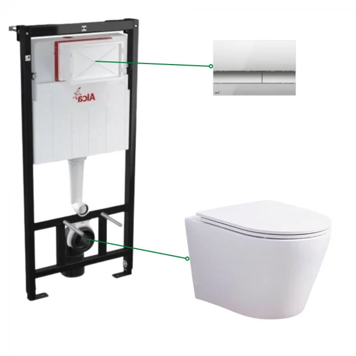 Set vas wc suspendat rimless cu capac soft close Oslo Foglia, rezervor incastrat si clapeta crom mat Alcaplast