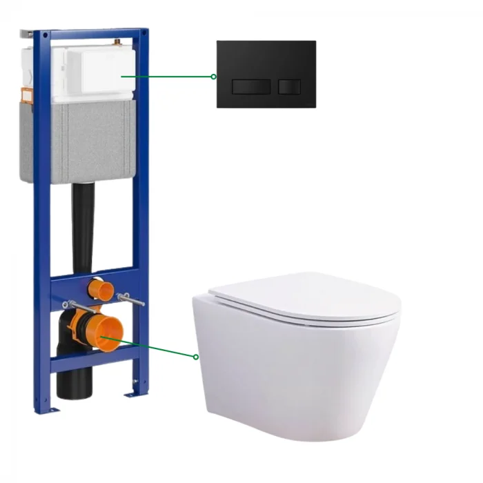 Set vas wc suspendat rimless cu capac soft close Oslo Foglia, rezervor incastrat si clapeta neagra Cersanit Block