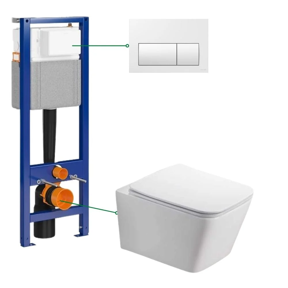 Set vas wc suspendat rimless cu capac soft close Safari, rezervor incastrat si clapeta alba Cersanit Presto II