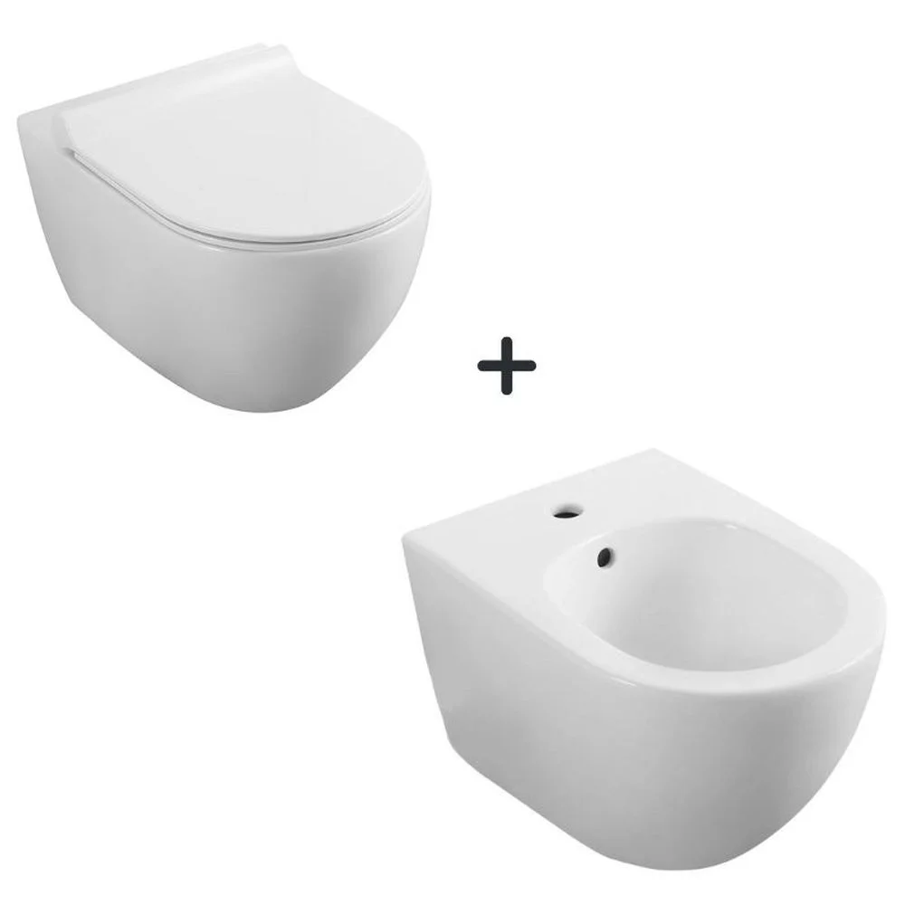 Set vas WC suspendat rimless, cu capac soft close si bideu, Minerva