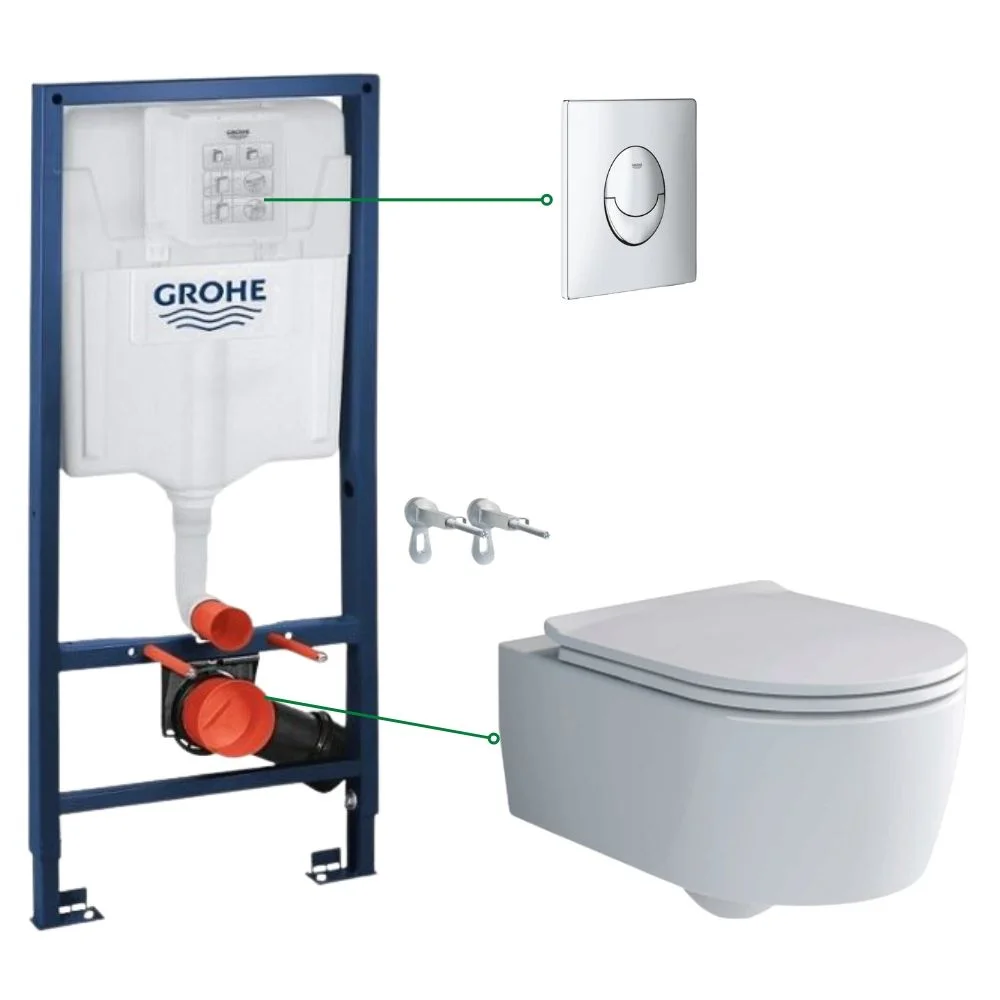 Set vas wc suspendat rimless cu capac Villeroy  Boch, rezervor incastrat si clapeta crom Skate Air Grohe