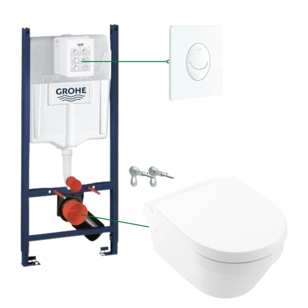 Set vas wc suspendat rimless cu capac VilleroyBoch, Architectura plus rezervor incastrat si clapeta alba Skate Air Grohe