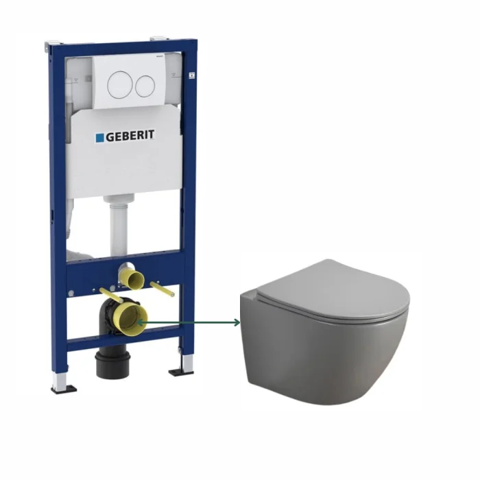 Set vas wc suspendat rimless Fluminia Alfonzo cu soft close, gri mat si rezervor incastrat Geberit cu clapeta alba Duofix Delta