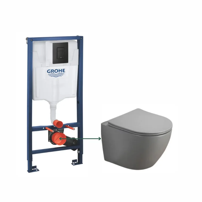 Set vas wc suspendat rimless Fluminia Alfonzo cu soft close, gri mat si rezervor incastrat Grohe Solido cu clapeta neagra mata Even