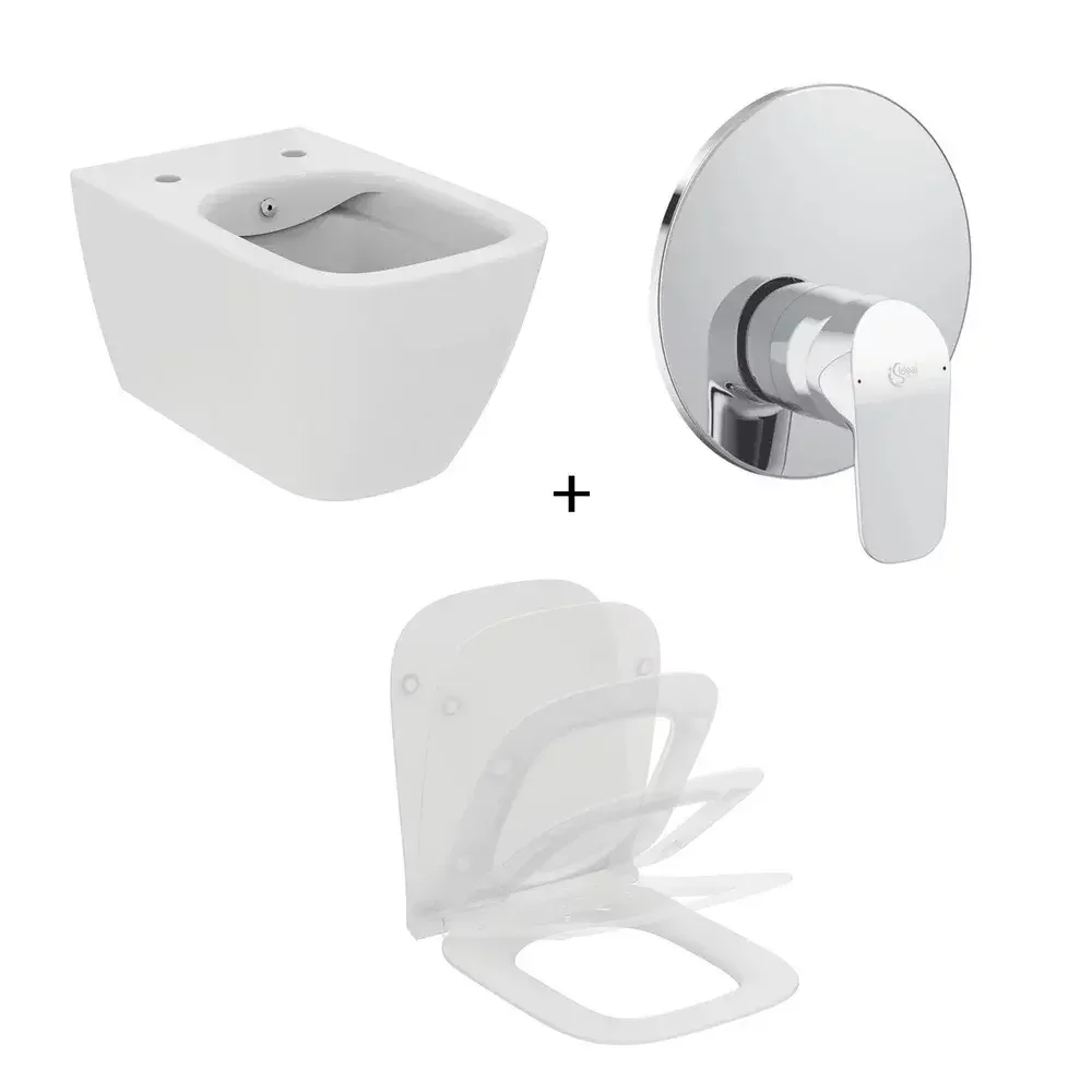 Set vas wc suspendat rimless Ideal Standard i.life B functie bideu si capac plus baterie dus incastrata crom