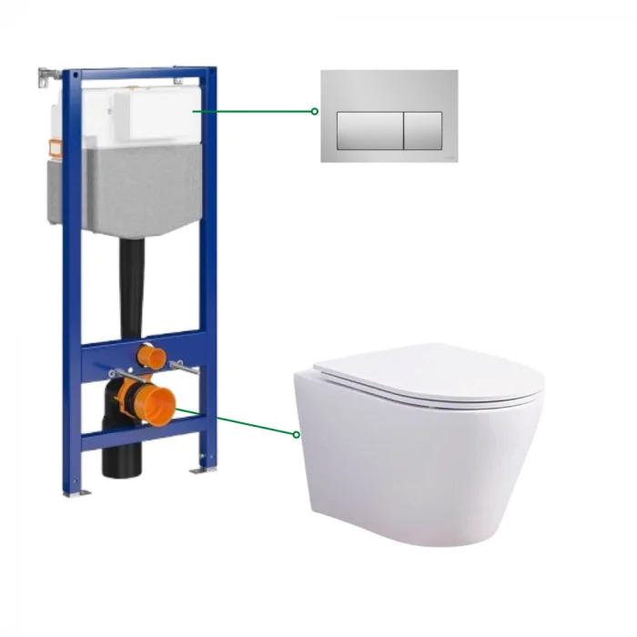 Set vas wc suspendat rimless semirotund cu capac soft close Oslo Foglia, rezervor incastrat Cersanit Aqua 50 si clapeta crom mat Cersanit Presto II