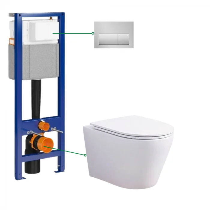 Set vas wc suspendat rimless semirotund cu capac soft close Oslo Foglia, rezervor incastrat si clapeta crom mat Cersanit Presto II