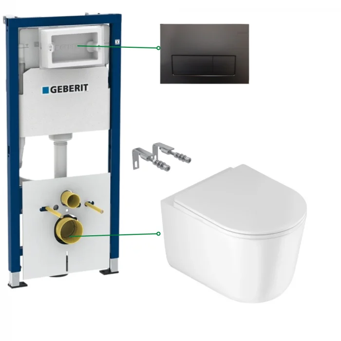 Set vas wc suspendat tornado cu capac soft close Deante Jasmin si set rezervor wc incastrat Geberit Duofix cu set fixare si izolare fonica, plus clapeta negru lucios Delta 50
