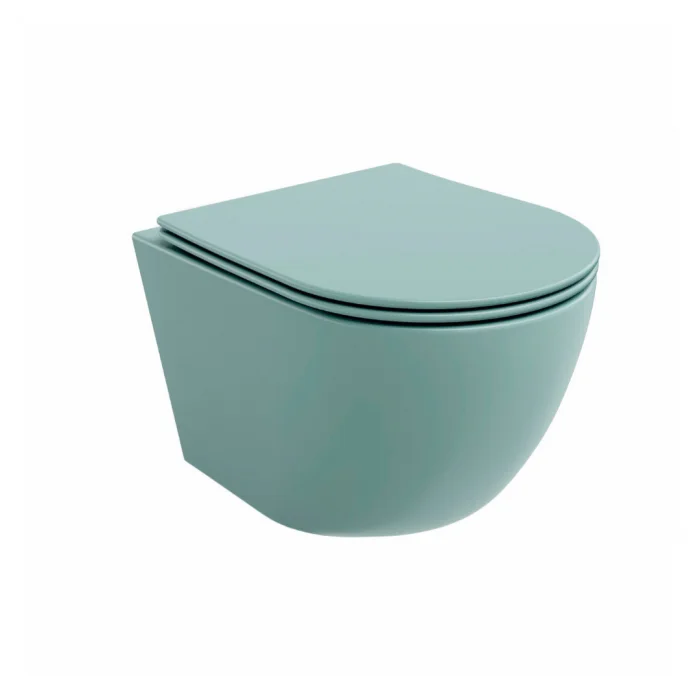 Set vas wc suspendat, verde turcoaz, mat, rimles , capac softclose, Rotund, Foglia Oslo