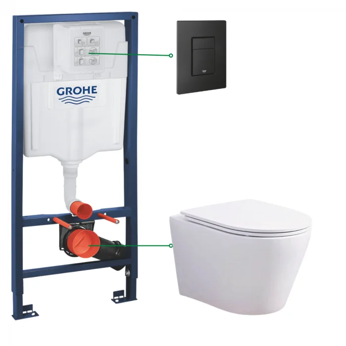 Set vas wc suspendat vortex cu capac soft close Oslo Foglia si rezervor incastrat Grohe Solido 3 in 1 cu clapeta neagra mata Even