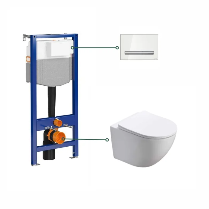 Set vas wc vortex cu  capac softclose alb, Foglia Oslo, rezervor incastrat si clapeta de actionare alba, Cersanit