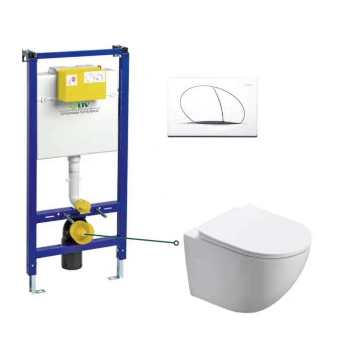 Set vas wc vortex suspendat, rotund, Foglia Oslo, rezervor incastrat Liv Jog si clapeta alb mat, Selenite Duo