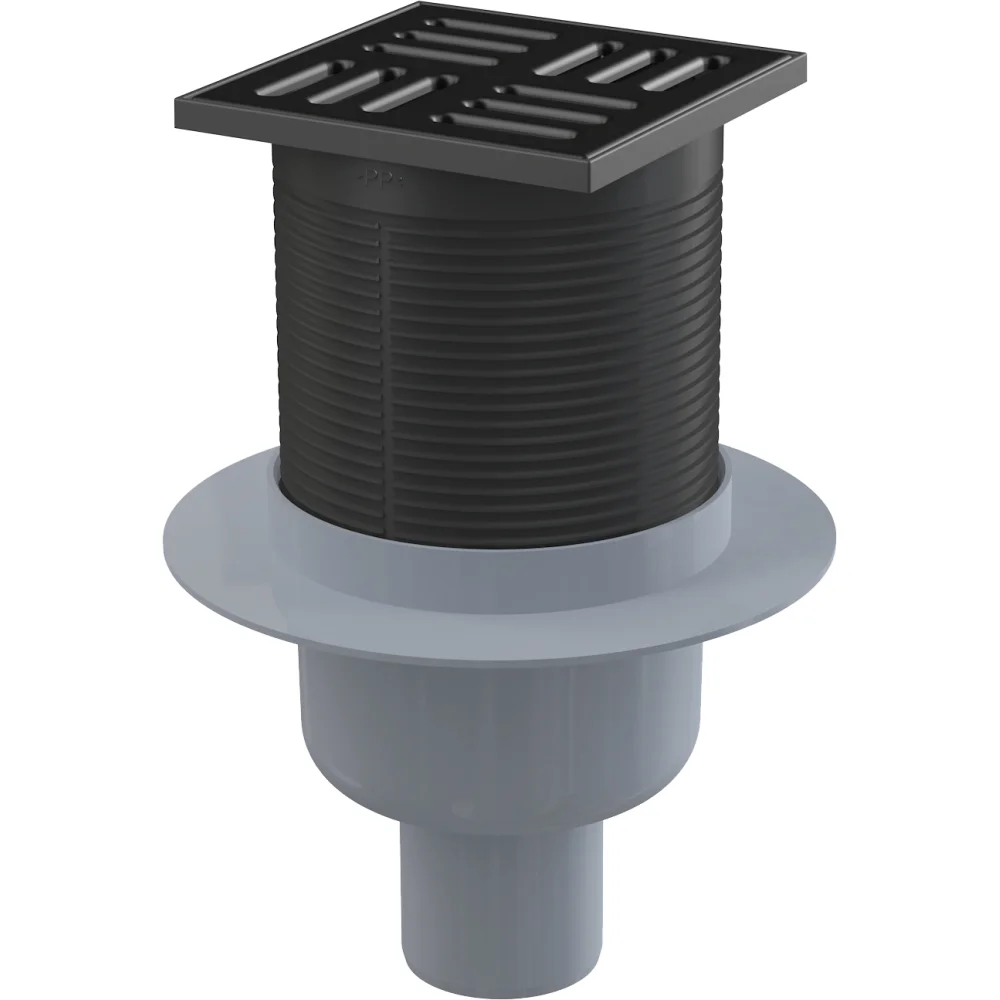 Sifon pardoseala cu gratar otel inoxidabil negru mat, 105x105 mm iesire verticala Alcadrain APV32BLACK