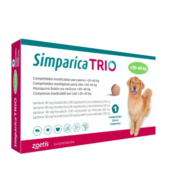 Simparica Trio Caini 48 mg (20.1 - 40 kg) Deparazitare interna si externa, 3 x comprimate masticabile