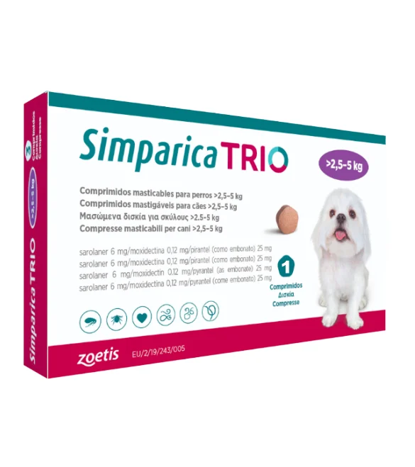 Simparica Trio Caini 6 mg (2.6 - 5 kg) Deparazitare interna si externa, 3 x comprimate masticabile