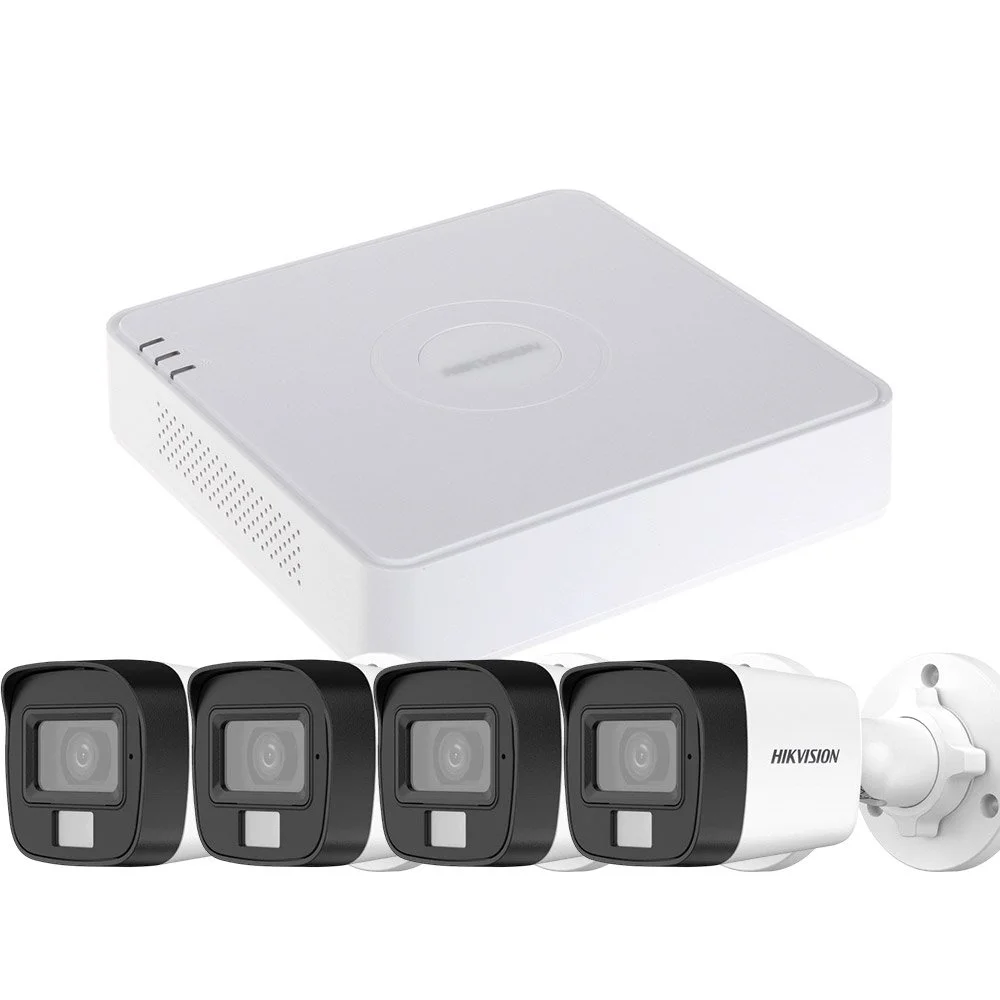 Sistem supraveghere exterior basic HikVision, 4 camere, 5 MP, IR 30 m, lumina alba 20 m, 2.8 mm, microfon