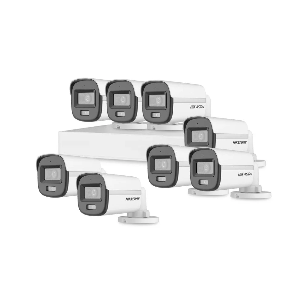 Sistem supraveghere exterior basic HikVision, 8 camere, 2 MP, 2.8 mm, IR/lumina alba 20 m, microfon