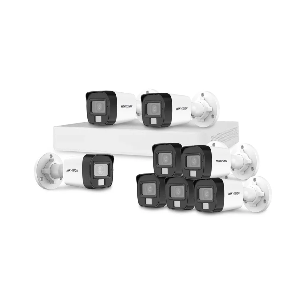 Sistem supraveghere exterior basic HikVision, 8 camere, 2 MP, IR 25 m, lumina alba 20 m, 2.8 mm, microfon