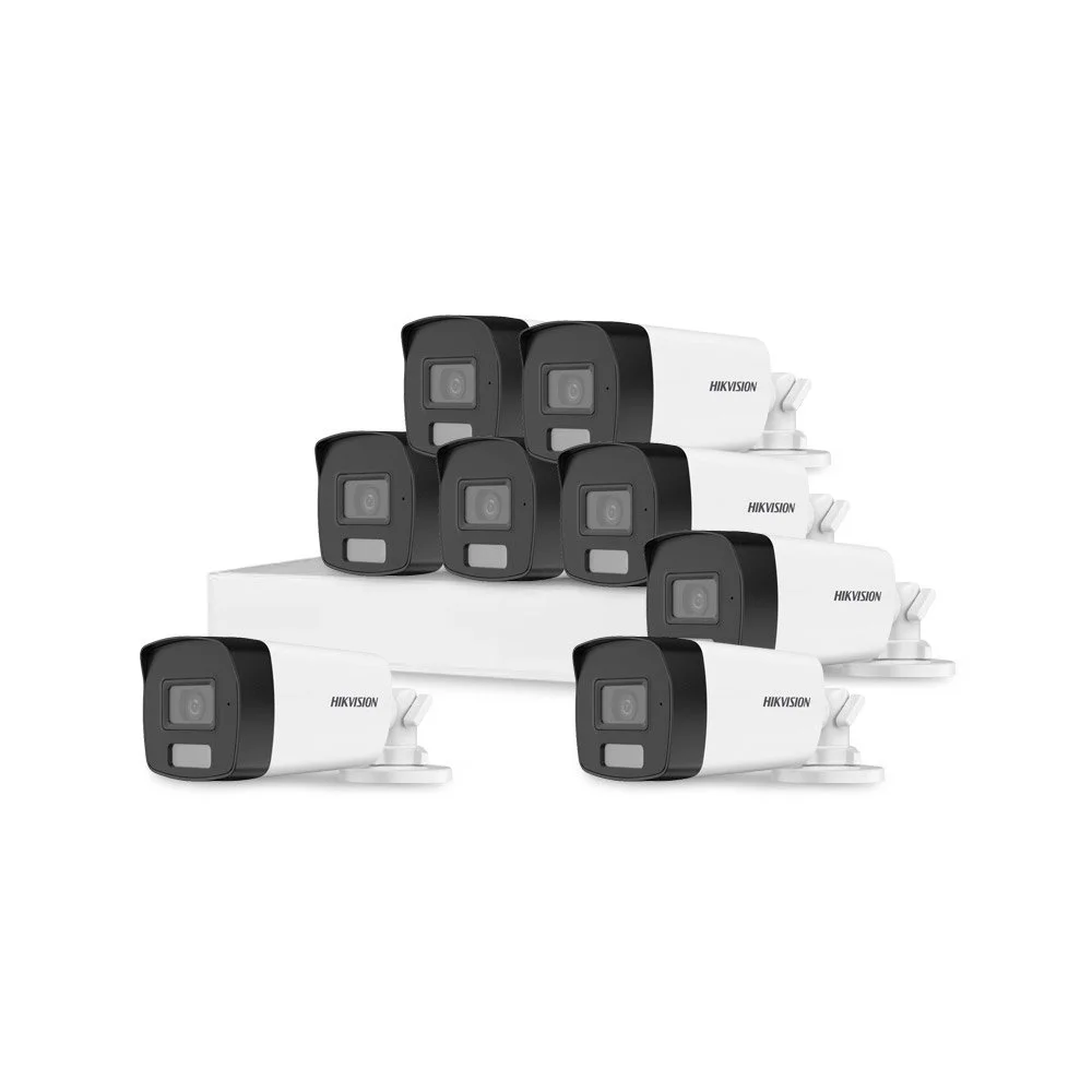 Sistem supraveghere exterior basic HikVision, 8 camere, 2 MP, IR 40 m, lumina alba 40 m, 2.8 mm, microfon
