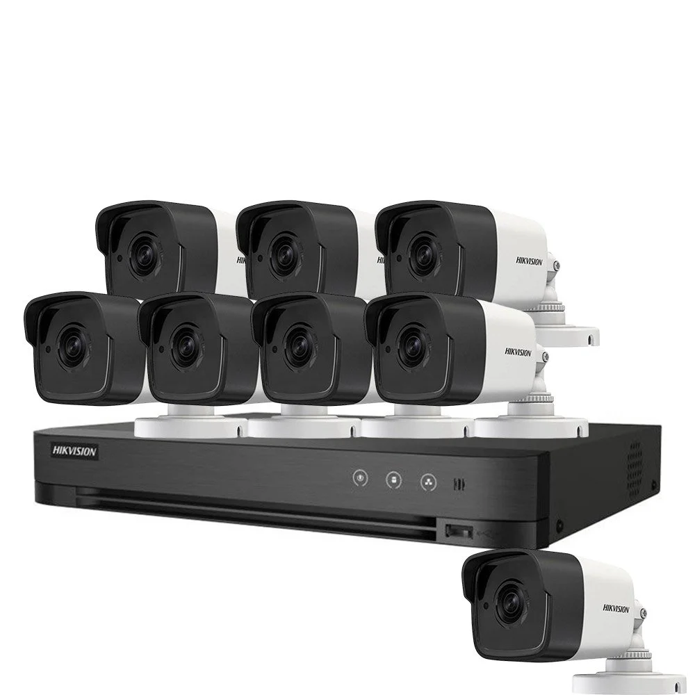 Sistem supraveghere exterior basic HikVision, 8 camere, 5 MP, IR 30 m, 2.8 mm, microfon