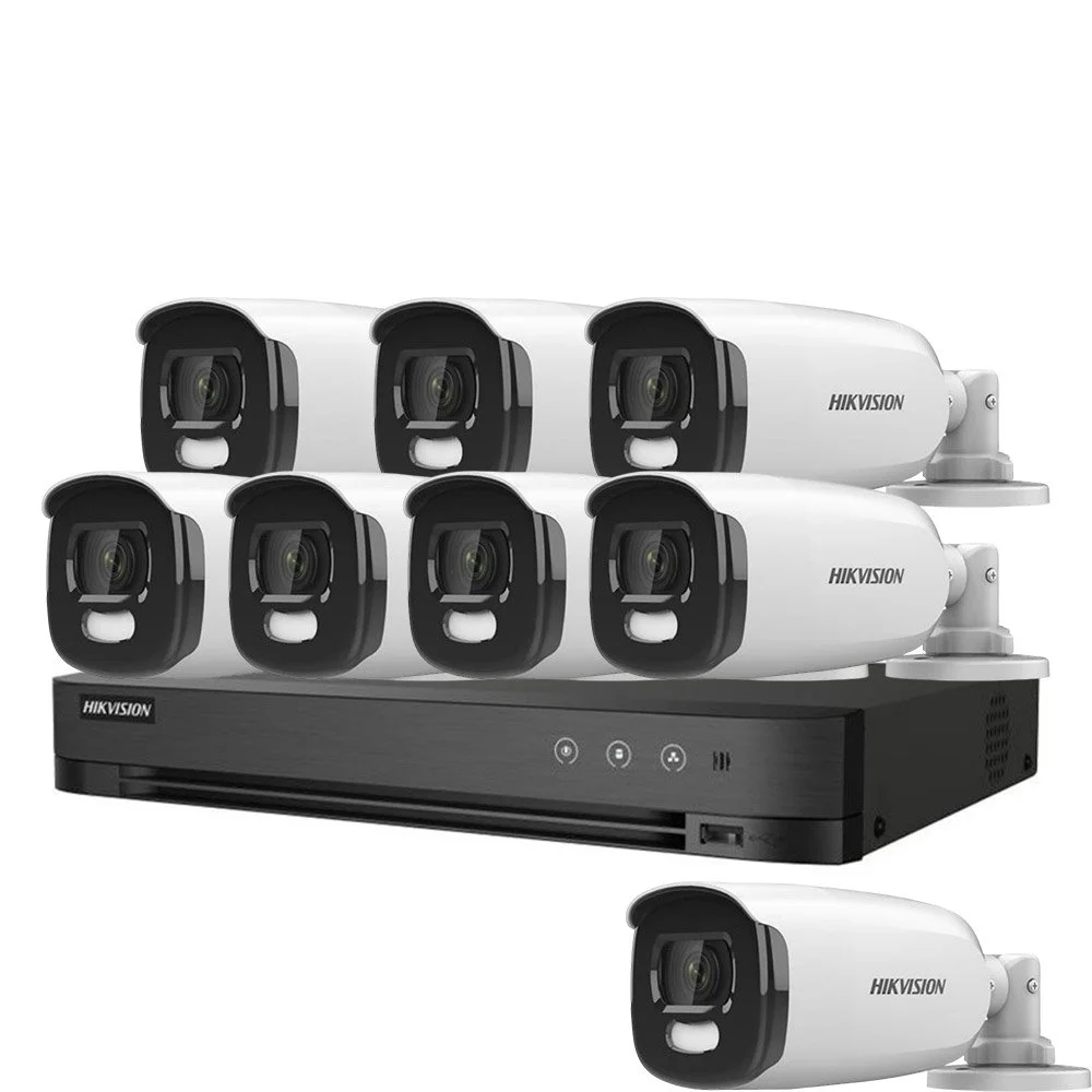 Sistem supraveghere exterior basic HikVision, 8 camere, 5 MP, lumina alba 40 m, 2.8 mm