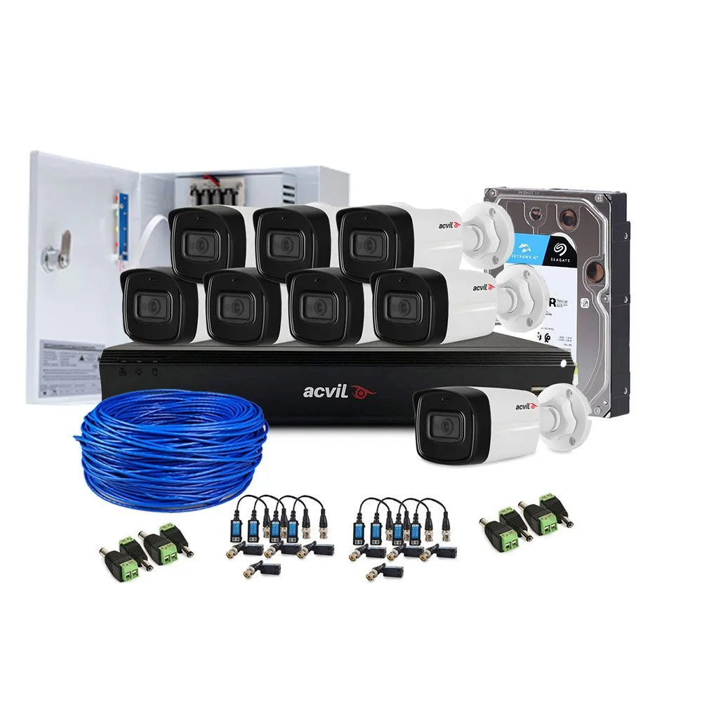 Sistem supraveghere exterior complet Acvil Pro Starlight ACV-C8EXT80-2MP-A, 8 camere, HDD 1 TB, 2 MP, IR 80 m, 3.6 mm, audio prin coaxial, microfon