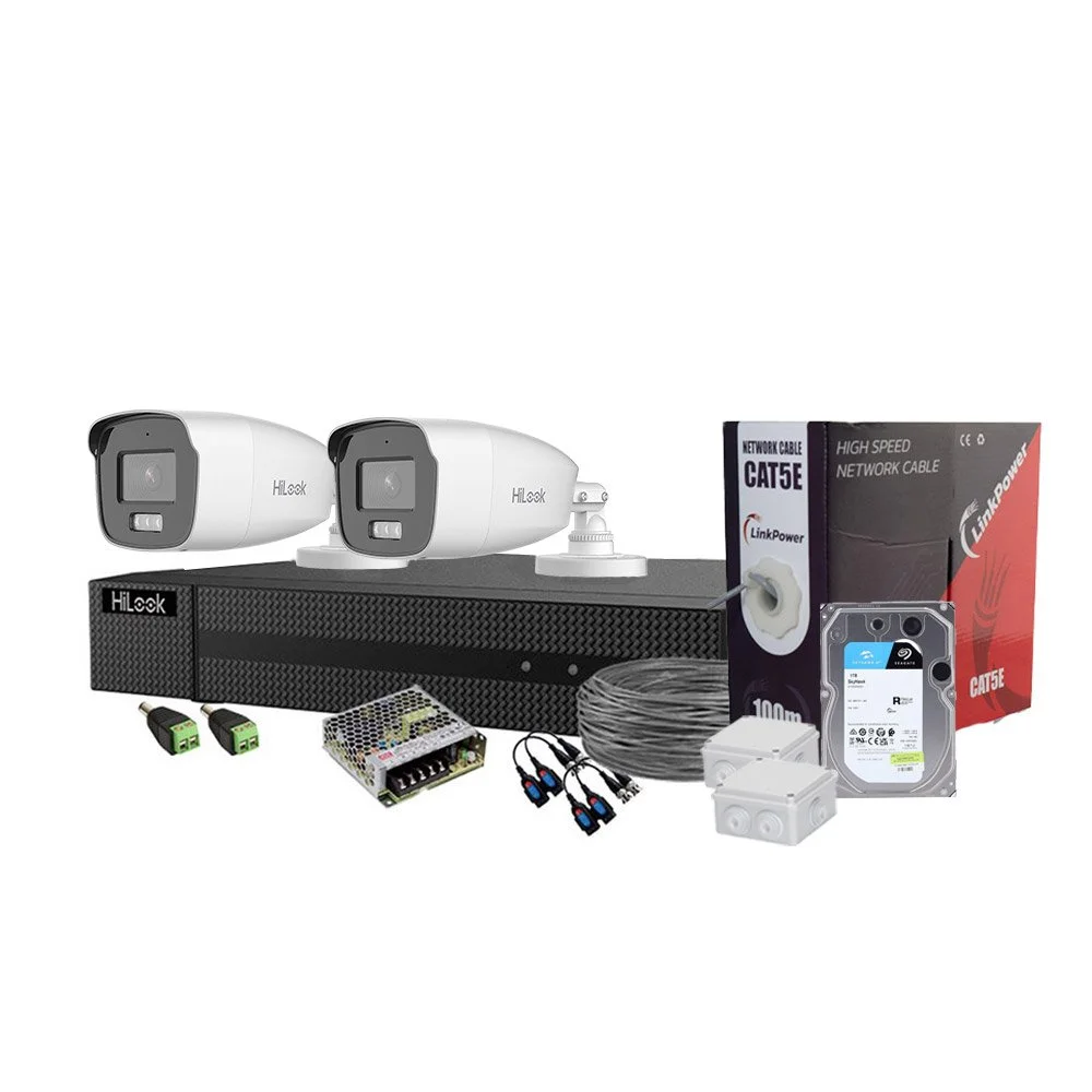 Sistem supraveghere exterior complet cu iluminare duala Hikvision HiLook KIT-HL-C-2C-C-0004, 3K, 2.8 mm, IR/lumina alba 40 m, microfon, HDD 1TB