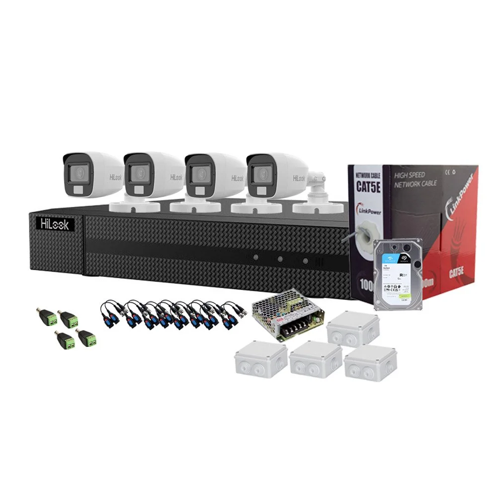 Sistem supraveghere exterior complet cu iluminare duala Hikvision HiLook KIT-HL-C-4C-C-0002, 5 MP, 2.8 mm, IR/lumina alba 20 m, microfon, HDD 1TB