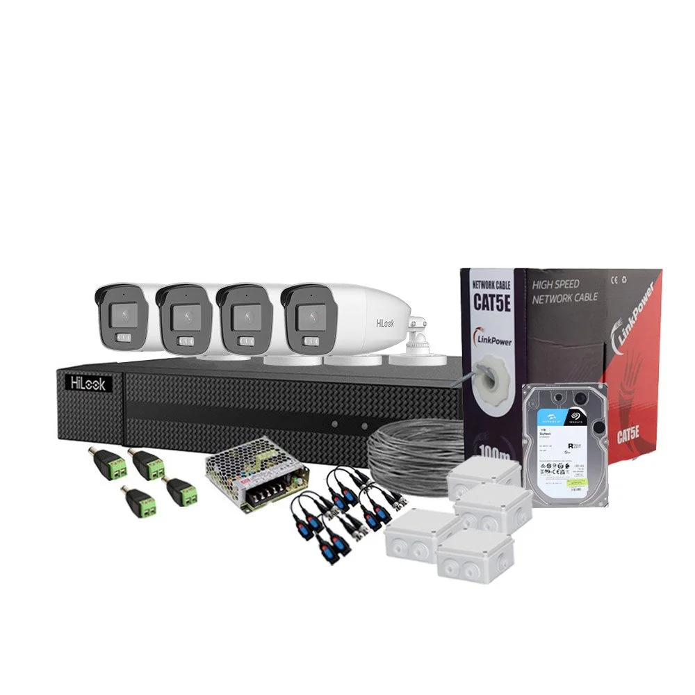 Sistem supraveghere exterior complet cu iluminare duala Hikvision HiLook KIT-HL-C-4C-C-0004, 3K, 2.8 mm, IR/lumina alba 40 m, microfon, HDD 1TB