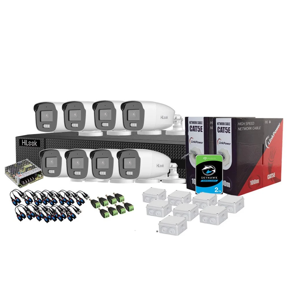 Sistem supraveghere exterior complet cu iluminare duala Hikvision HiLook KIT-HL-C-8C-C-0004, 3K, 2.8 mm, IR/lumina alba 40 m, microfon, HDD 1TB