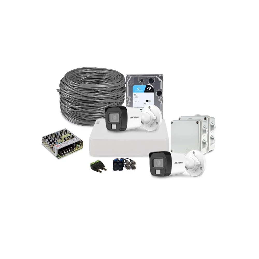 Sistem supraveghere exterior complet HikVision, 2 camere, 2 MP, IR 25 m, lumina alba 20 m, 2.8 mm, microfon, HDD 1 TB