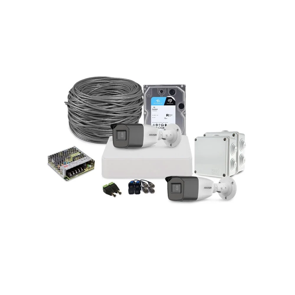 Sistem supraveghere exterior complet HikVision, 2 camere, 2 MP, IR 40 m, 2.7 - 13.5 mm, zoom manual, HDD 1 TB